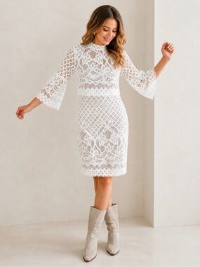 IVY CITY Co Elegant White Lace Sheath Dress with Bell Sleeves